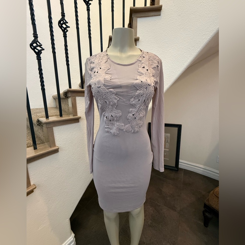 IRIS Lace Floral Embroidered Bodycon Dress L Beige Tan Sheer Long Sleeve Stretch